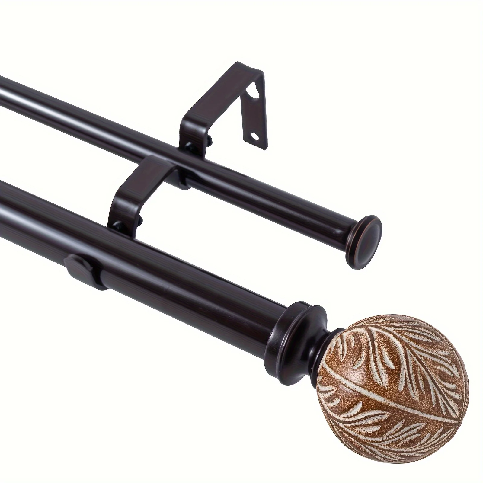 

Original Home Simulation Leaf Stripe Round Ball Top Double Layer Curtain Rod Set, with 1 Inch Front Rod and 5/8 Inch Rear Rod, 28"-120" Multi-Size KD Splicing Pipe, Easy Installation, Brown Wood Grain, Coffee Golden Multiple colors available, bohemian