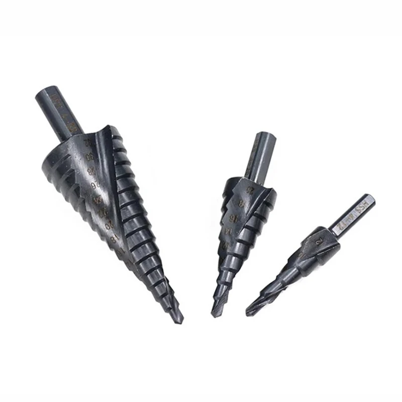 3 개/대 4-32 Mm 고속 강철 질화 된 단계 드릴 삼각형 생크 나선형 테이퍼 드릴 나무 금속 구멍 오프너에 적합