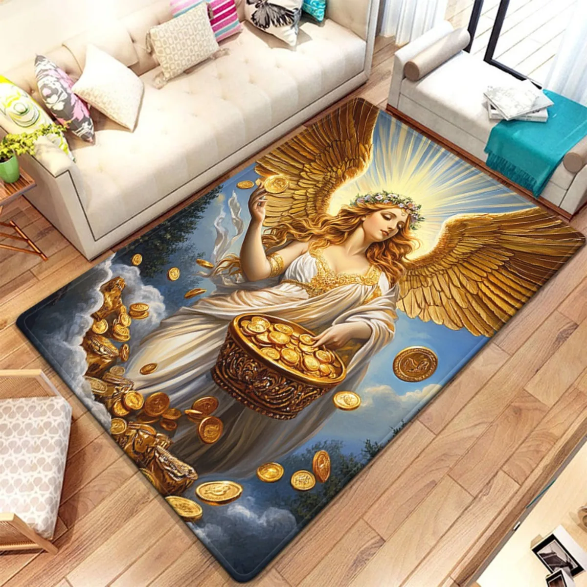 

ANGEL WITH GOLD COINS HEAVENLY ART RUG FOR LIVING ROOM DECORATION CRISTAL VELVET SOFT FLOOR MAT