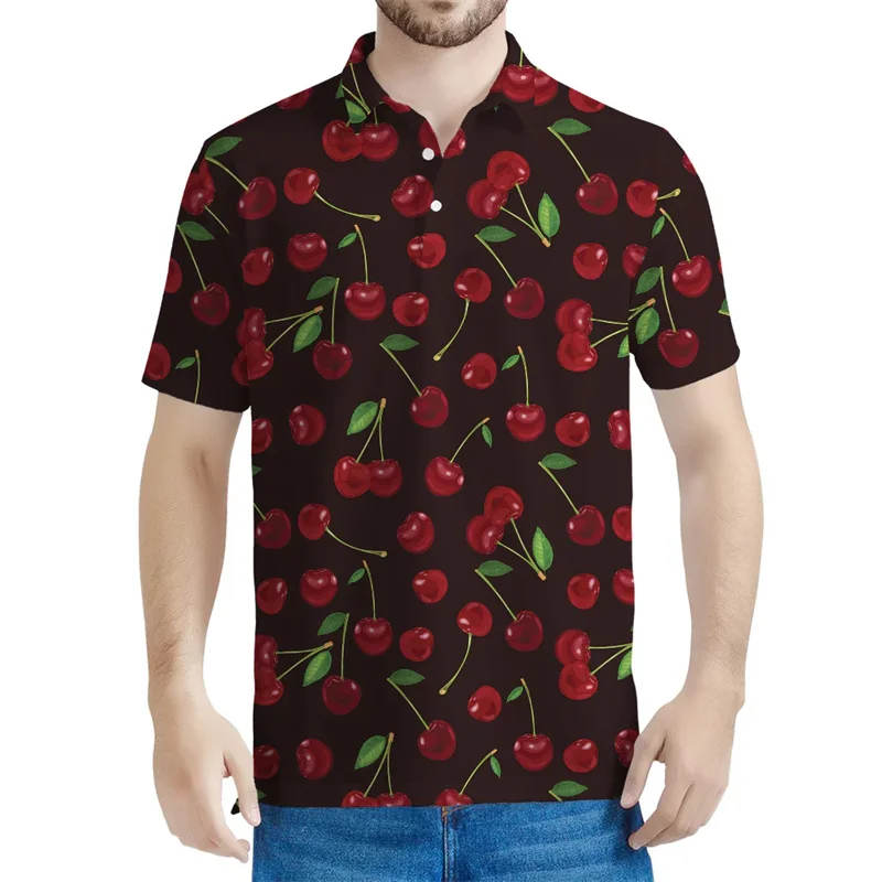 Cherry Blossom Pattern Polo Shirt Men Fashion Summer 3D Printed Fruit Tee Shirts Women Button Short Sleeves Lapel T-Shirts