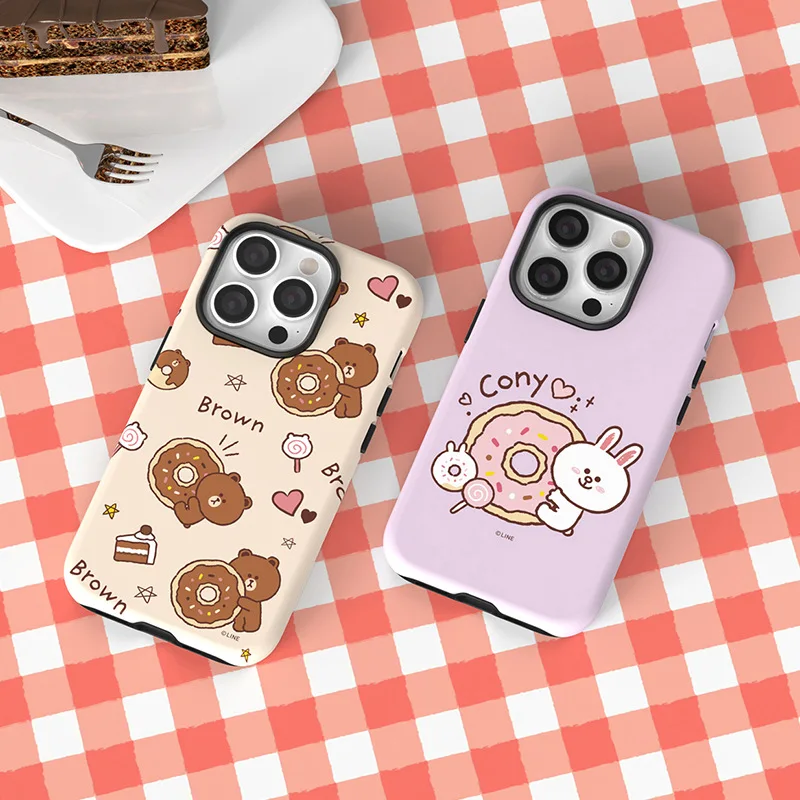 LINE FRIENDS-funda de teléfono de doble capa con dibujos animados para IPhone, carcasa brillante con dibujo de oso marrón para IPhone 16, 15, 14, 13, 12, 11 Pro Max, XS, XR