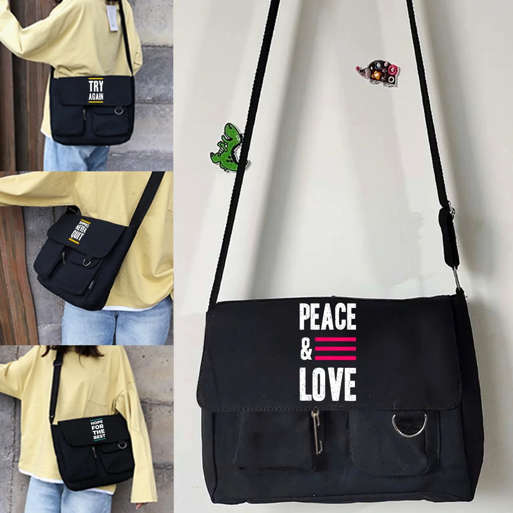 Women's Simple Crossbody Bags Cute Purse Casual Shoulder Satchel Bags Girls Phrase Printed Canvas Diagonal Cross School Bag