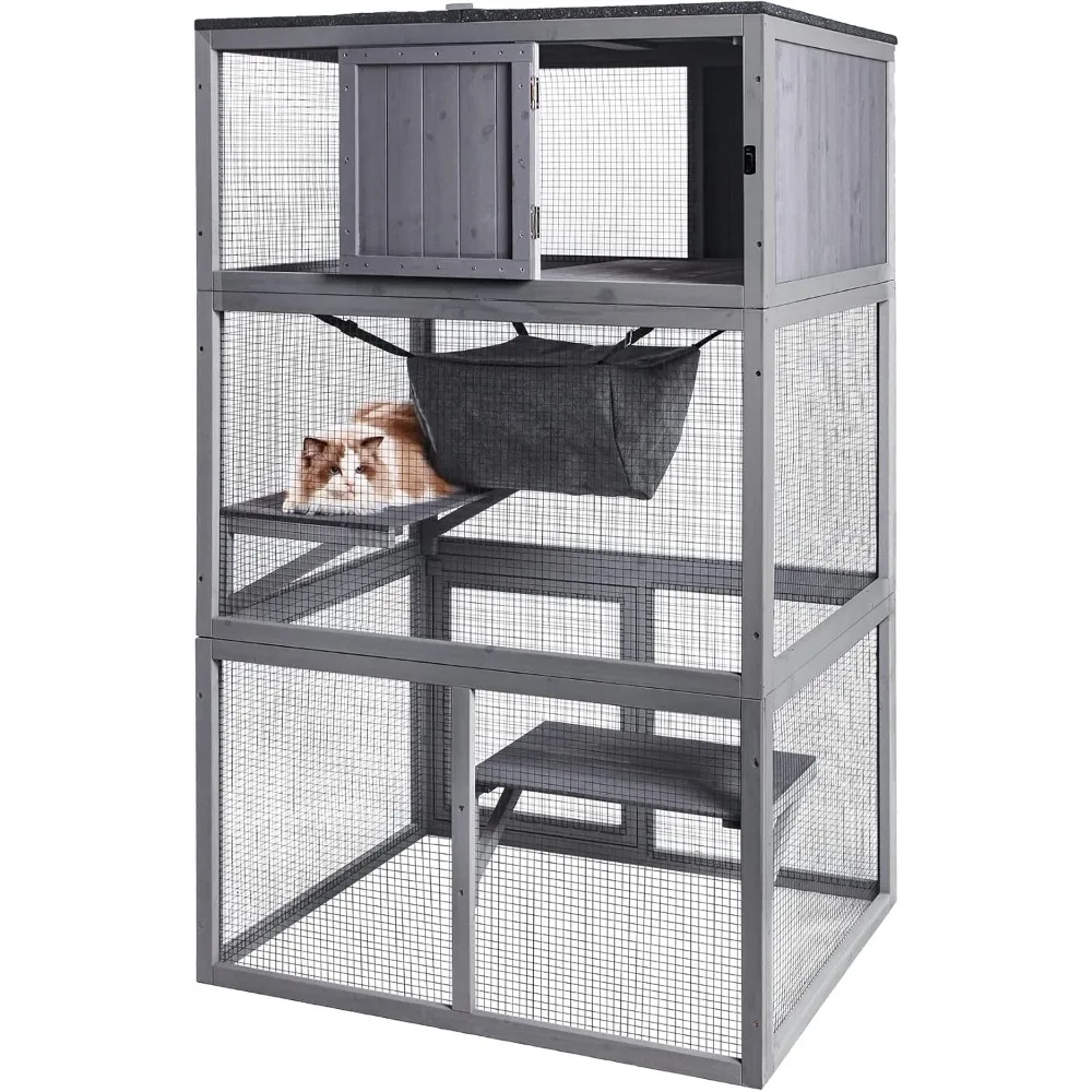 

X-ZONE PET Catio Wooden Cat House, Outdoor 3 Floors Cat Enclosure, Indoor Large Kitten playpen with Hammock & Resting Box, Cat C