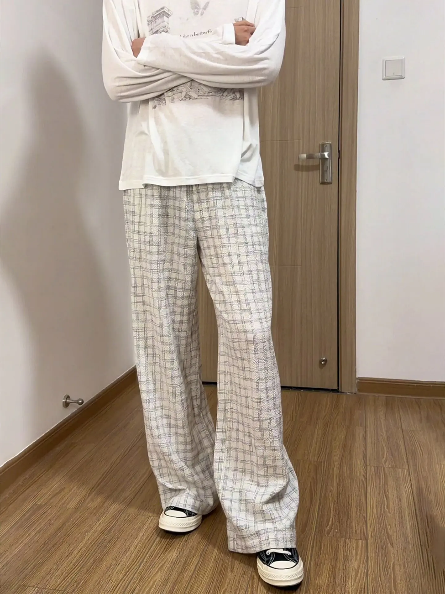 American Retro Bubble Cloth Quick Dry Plaid Pants Men Summer Thin Breathable Wide Leg Casual Pants Straight Tube Natural Waist