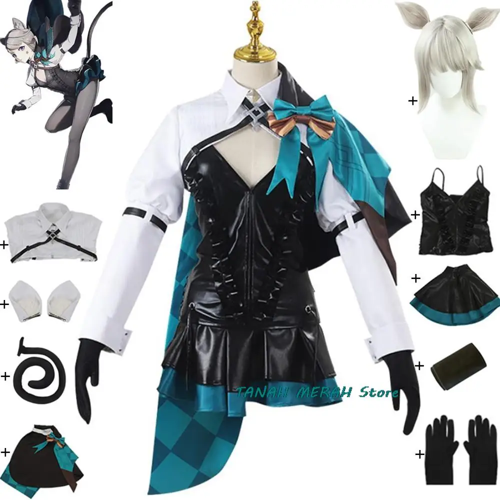 

Linnette Lynette Cosplay Costume Anime Game Genshin Impact Fontaine Adult Man Woman Shawl Top Skirt Ears Halloween Suit Wig