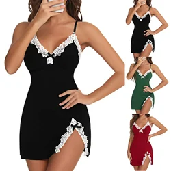 Women Nightdress Sexy Lace Chemise Bow Nightgown Sleepwear V Neck Full Slip Babydoll Lingerie Sleep Dress