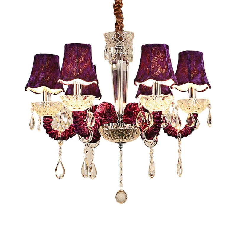 Deluxe Retro Blue Crystal Chandelier Wedding Lobby Purple Noble Flannelette Droplight Led 6 Head Villa Room Pendent Lamp