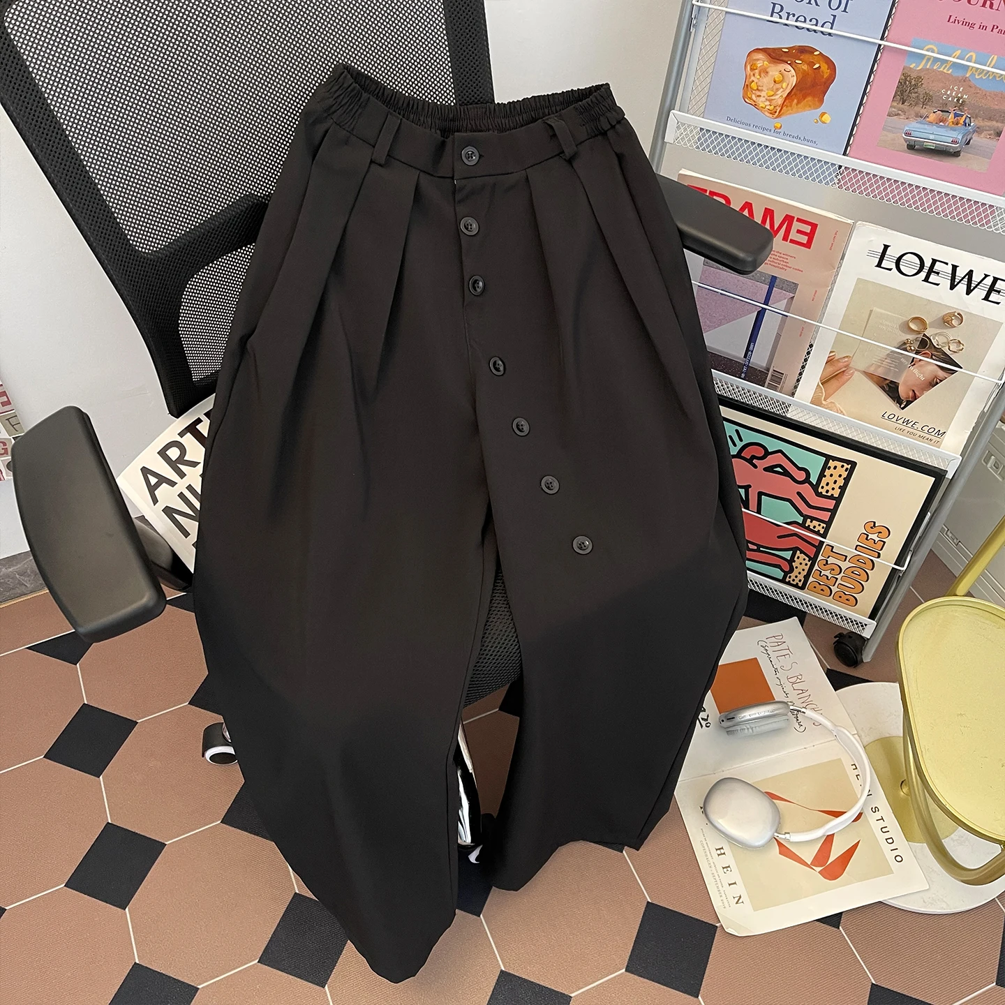 

Multi Button Pleated Suit Pants For Men Fashion High Street Black Wide Leg Trousers American Casual Loose Male Pants