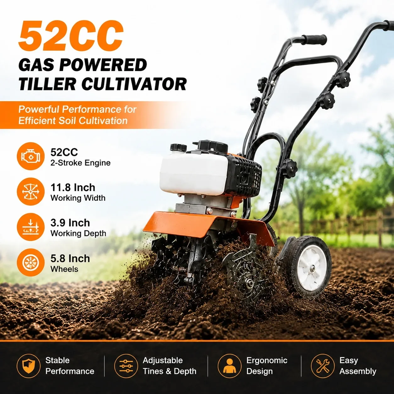 52CC 2-Stroke Garden Rototiller, Gas Soil Cultivator with Adjustable Steel Tines, 11.8-Inch Tilling Width for Vegetable Gardens, Flower Beds and Fields