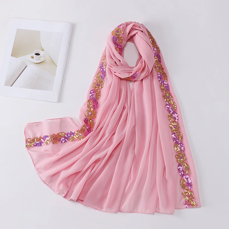 Fashion Heavy Chiffon Sequins Hijab Shinny Good Stitching Plain Scarf Muslim Shawl Plain Soft Turban Head Wraps Headband