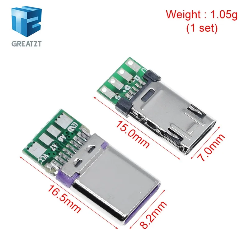 GREATZT Micro Male Plug With PCB Solder Plate Double-sided Micro 5P Plug Usb Connector+ Type-C Male USB Connector With 4Pin PCB