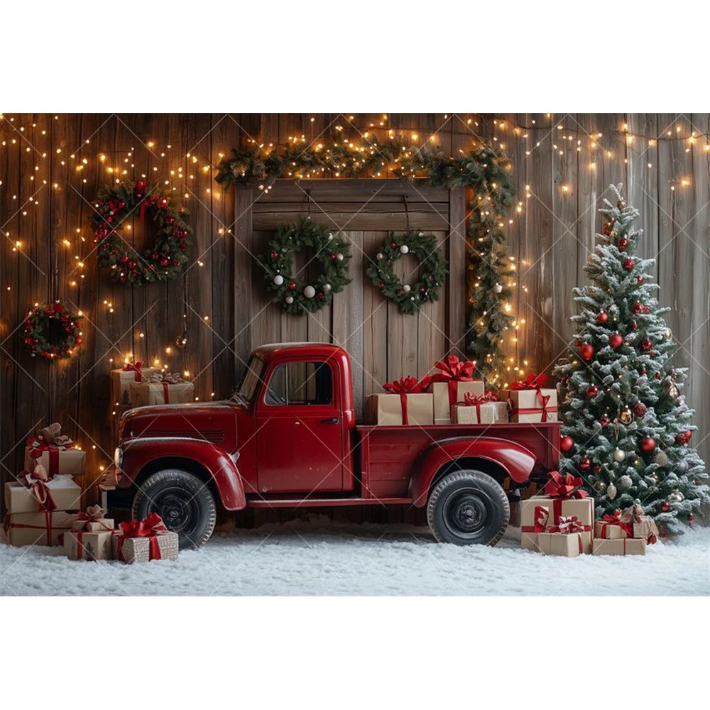 Winter Christmas Vintage Truck Photography Background Night Snow Wooden Wall XMAS Tree Baby Portrait Indoor Shoot Backdrop Decor