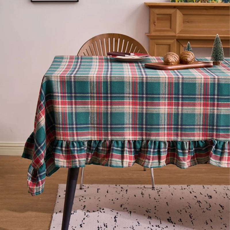 Christmas Green Plaid Ruffled Tablecloth Rectangular/Round Washable Anti-stain Table Decorations for Kitchen Wedding Table Cover