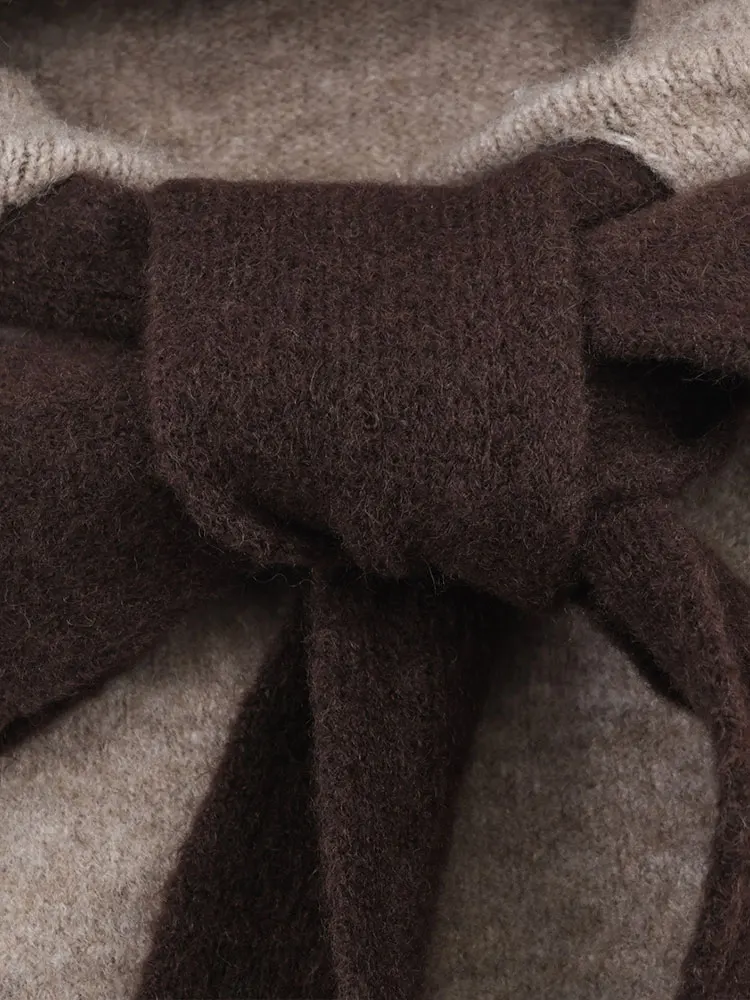 Nlzgmsj 2025 الخريف المرأة محبوك القوس الديكور سحاب أكمام طويلة جاكت مزود بغطاء للرأس عالية الشارع معاطف سيدة ملابس خارجية جديدة