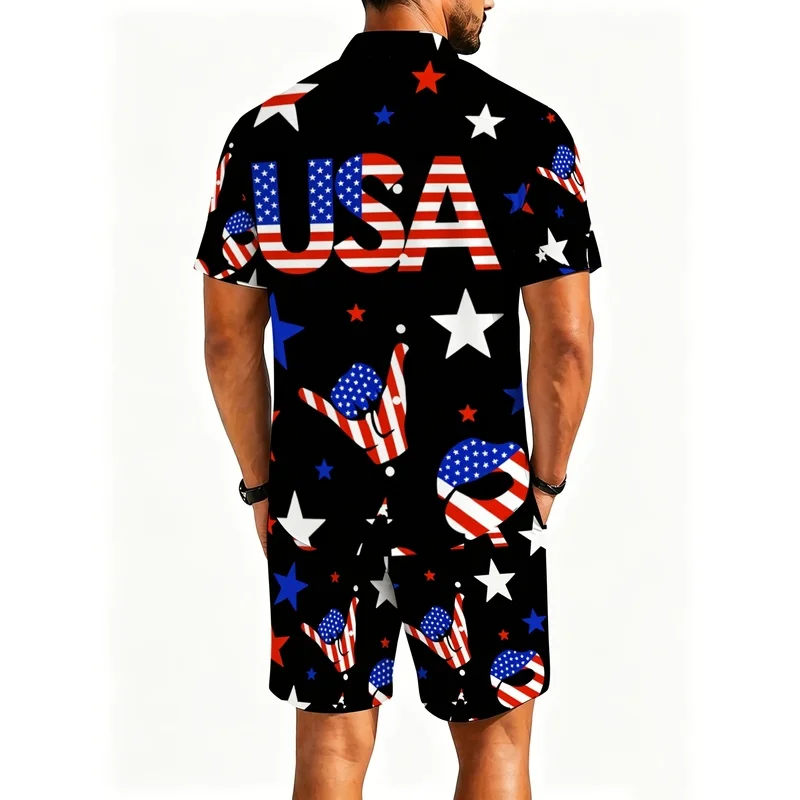 US Flag Printed Men's Short Sleeve Shirt Pants Set Lightweight Polyester Casual Wear Beach Party Outdoor Star Pattern Outfit - view 4
