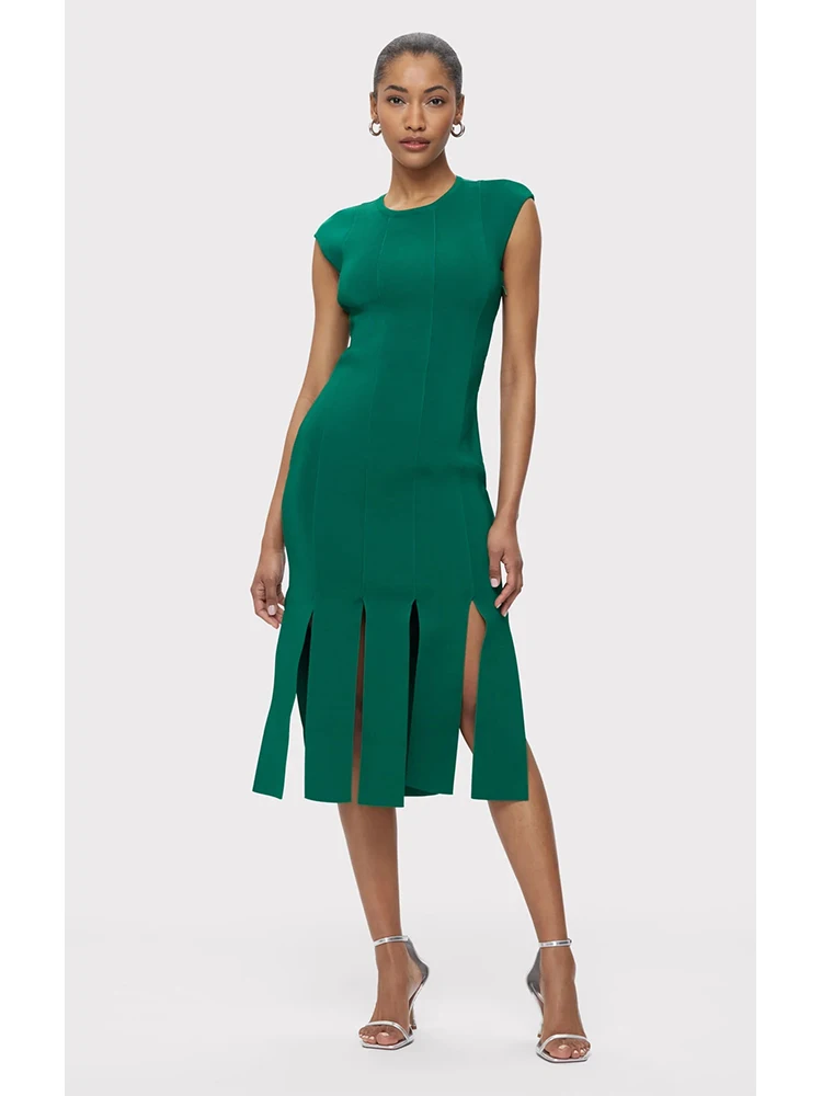

Sexy O Neck Sleeveless Hollow Out Fringe Dress Women Green Tank Backless Striped Tassel Slim Dresses Evening Party Club Gowns