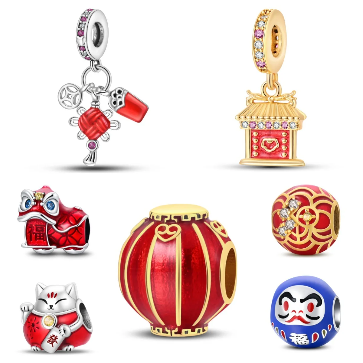 Original Charms Silver Plated Beads Fit Bracelets Diy Women Gift Accessory Chinese Knot Lion Cat Lantern Red Crystal Pendant