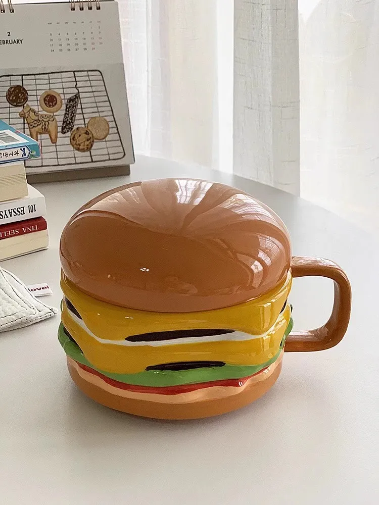 Creative and cute multi layered big hamburger bag with contrasting colors, ceramic cup with lid design