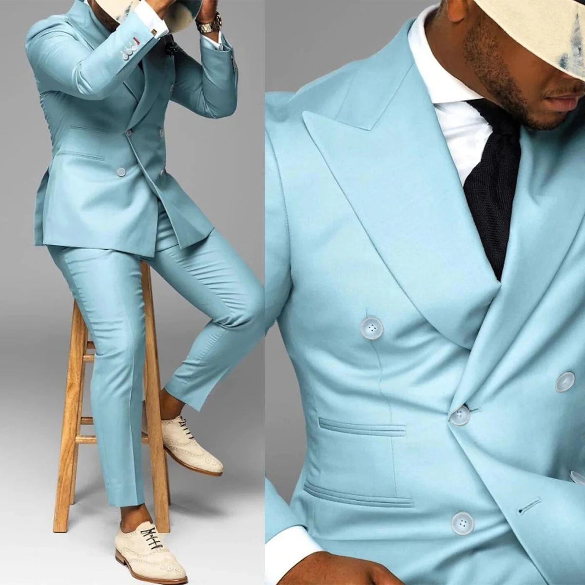 Graceful Men's Suit 2 Pieces Blazer Pants Bow Collar Double Breasted Buckle Work Wear Bussiness Wedding Costume Size Color