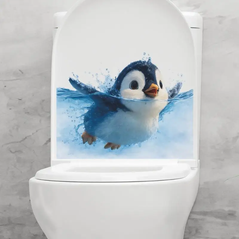 Waterproof Swimming Penguin Toilet Lid Sticker Self Adhesive Removable Cute Decal for Home Bathroom Renovation