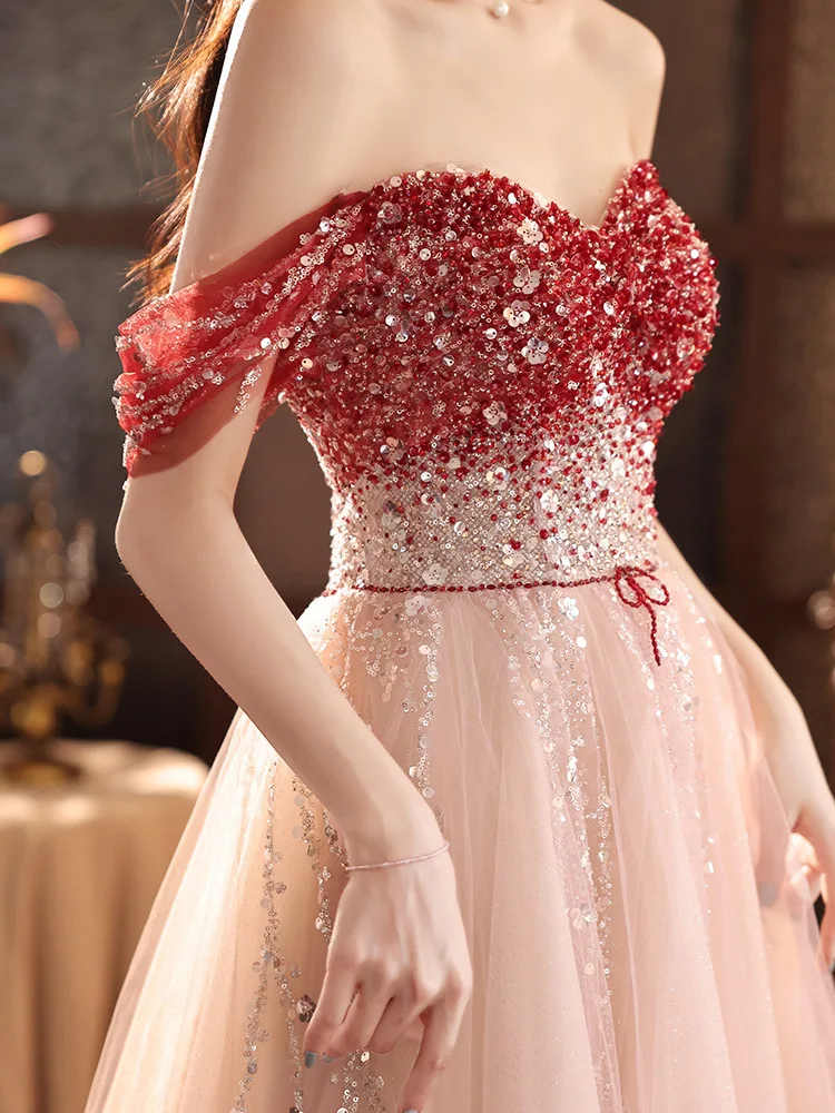 

Oulleff Shoulder Tulle Evening Dresses Women Beading Sequin Bandage A-line Quinceanera Dress Exquisite Elegant Prom Gown