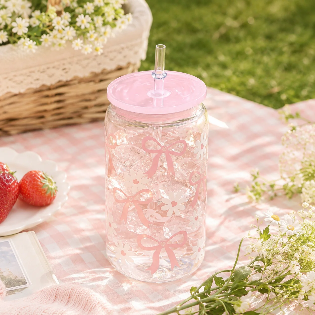 Cute Pink Bow Daisy Tumbler with Lid & Straw, Clear Reusable Iced Coffee Water Cup for Women, Home Office Travel Picnic