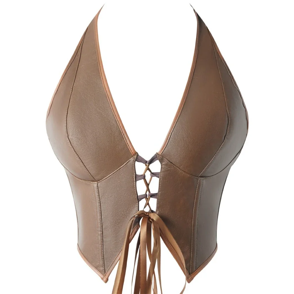 

Укороченные топы с открытыми плечами из искусственной кожи, женская майка на бретелях для женщин, кожаный шикарный жилет на шнуровке, женская уличная одежда с вырезами