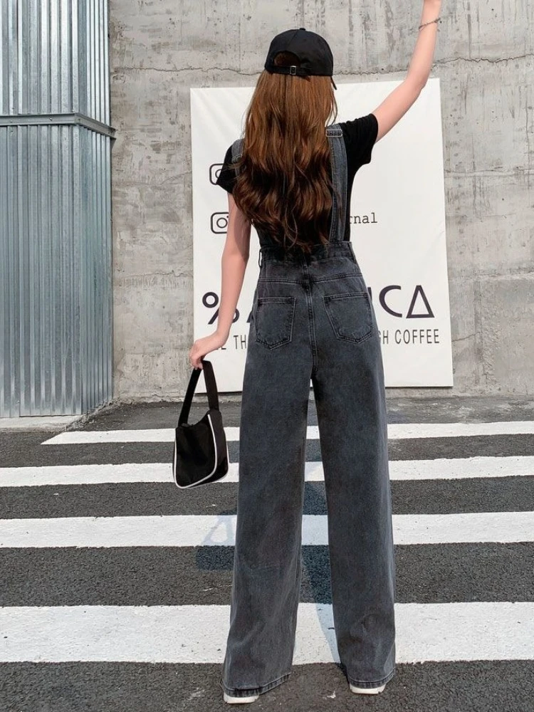 

Plus Size Women Denim Overall Pants Loose Straight Leg Draped Floor Length Side Slit Spring Autumn Casual Comfortable