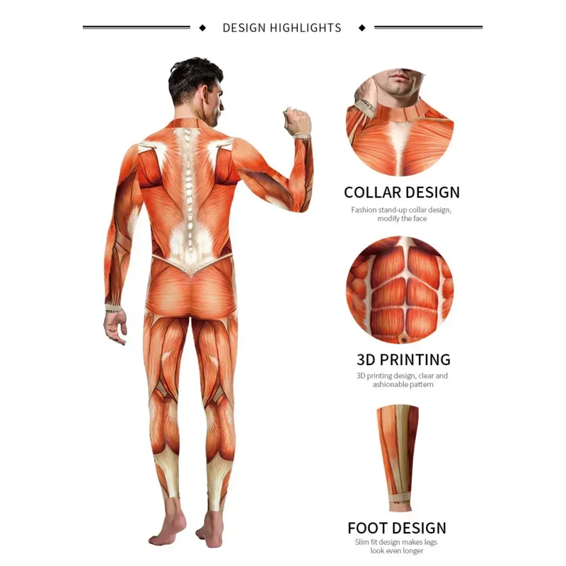 Costume de Cosplay de ixd'Halloween pour Adulte, Combinaison artificiel astique Imprimée Muscle 3D, Corps d'Anatomie Humaine, Vêtements Catsuit pour Hommes et Femmes