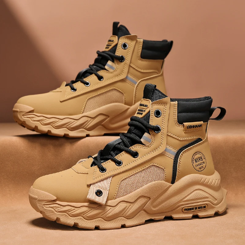 

British Style Ankle Boots For Men Motorcycle Boots Outdoor Non-slip Leather Boots Man Work Shoes High Top Platform Men's Boots