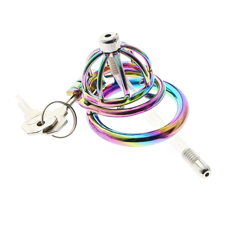 Rainbow/Silver Stainless Steel Chastity Cage–Cock Cage with Urethral Catheter, Stealth Lock Cock Ring, Chastity Device for Men view 6