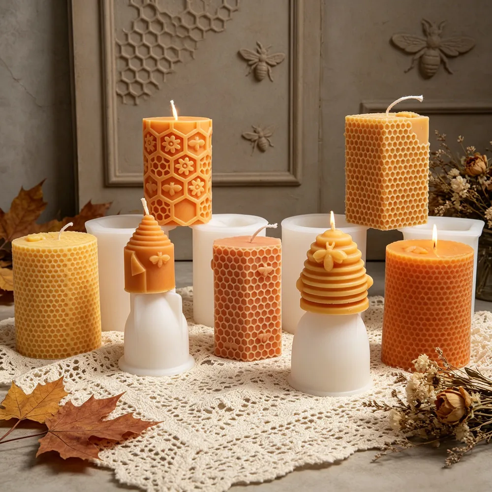 DIY Waben-Bienen-Bienenstock-Säulen-Silikonform für Kerzen, 3D geprägte Honig-Sechseck-Blumen-Bienen-Turm-Säulenform für Harz-Heimdekoration