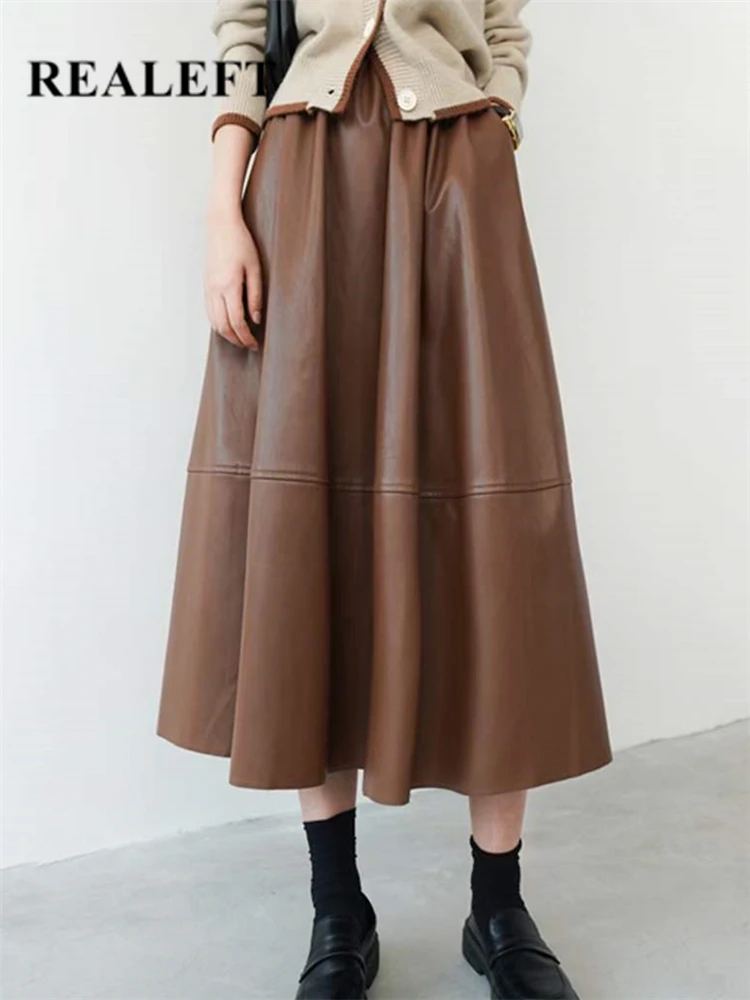 REALEFT Autumn Winter Black PU Leather Women's Long Skirts Pockets 2023 New High Waist A-line Skirts Chic Umbrella Skirts Female