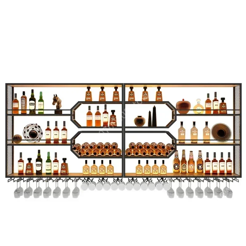 Estante de Pared para Vinos de Estilo Industrial con Soporte, Estante Metálico para Licores con Soporte para Copas, Estante de Bar de Múltiples Niveles para Bar en Casa