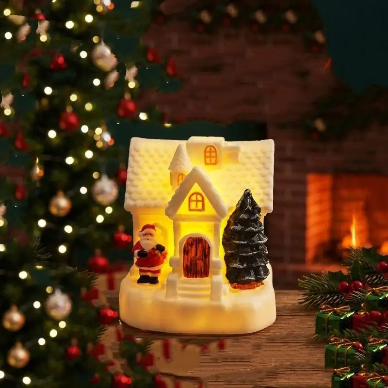Christmas Village Santa Swing Decoration LED Lighted Figurine Xmas Tree Snow House Tabletop Ornament Gift Decor
