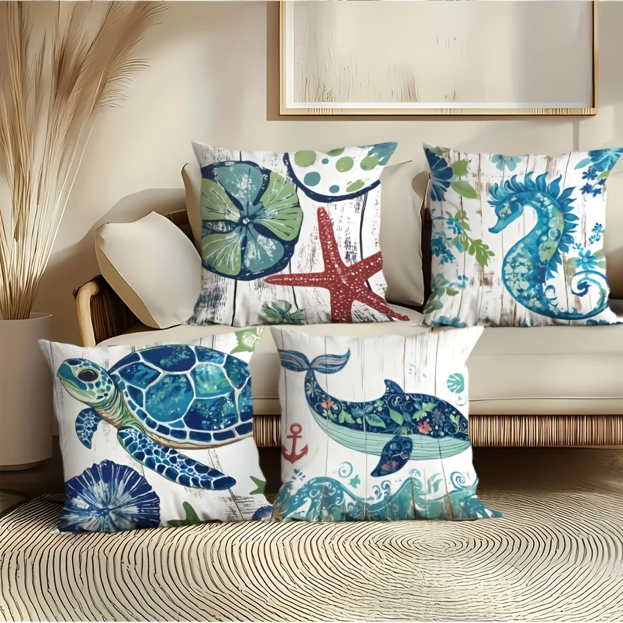 Boho Nautical Ocean Print Pillow Set of 4 Polyester Cushion Covers Sea Turtle Seahorse Coral Marine Life Throw Pillow Decoration