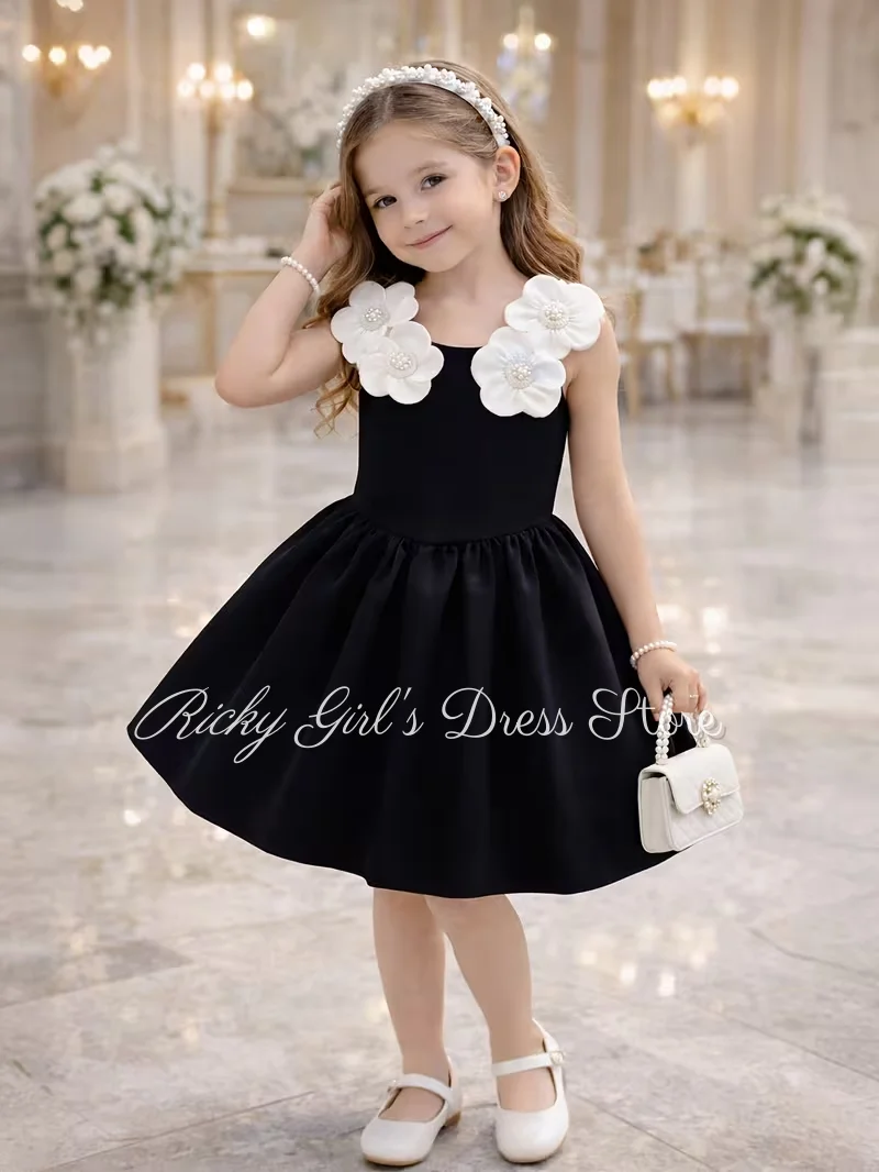 Robes de demoiselle d'honneur noires personnalisées pour mariage, en satin, avec fleurs 3D, robe de princesse pour fête d'anniversaire, spectacle, première communion