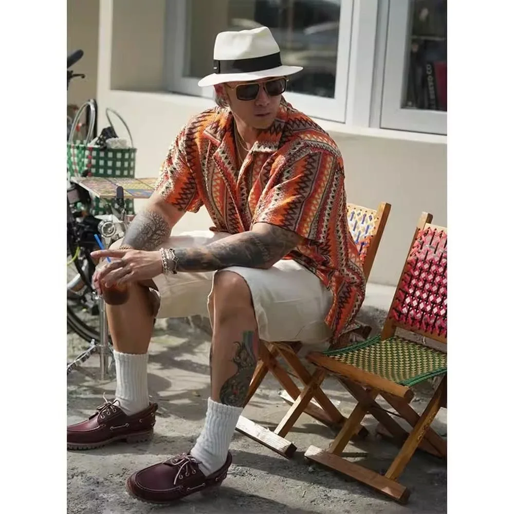 Men Ethnic Cuban Neck Weave Shirts Tops Male Hollow Out Tropical Hawaii Holiday Vacation Beach Travel Casual Blouse Sexy Tees