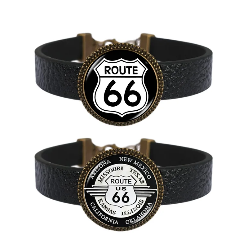 Route 66 Bracelet US Map Glass Photo Handmade Leather Bangles for Men Women Travel Souvenirs