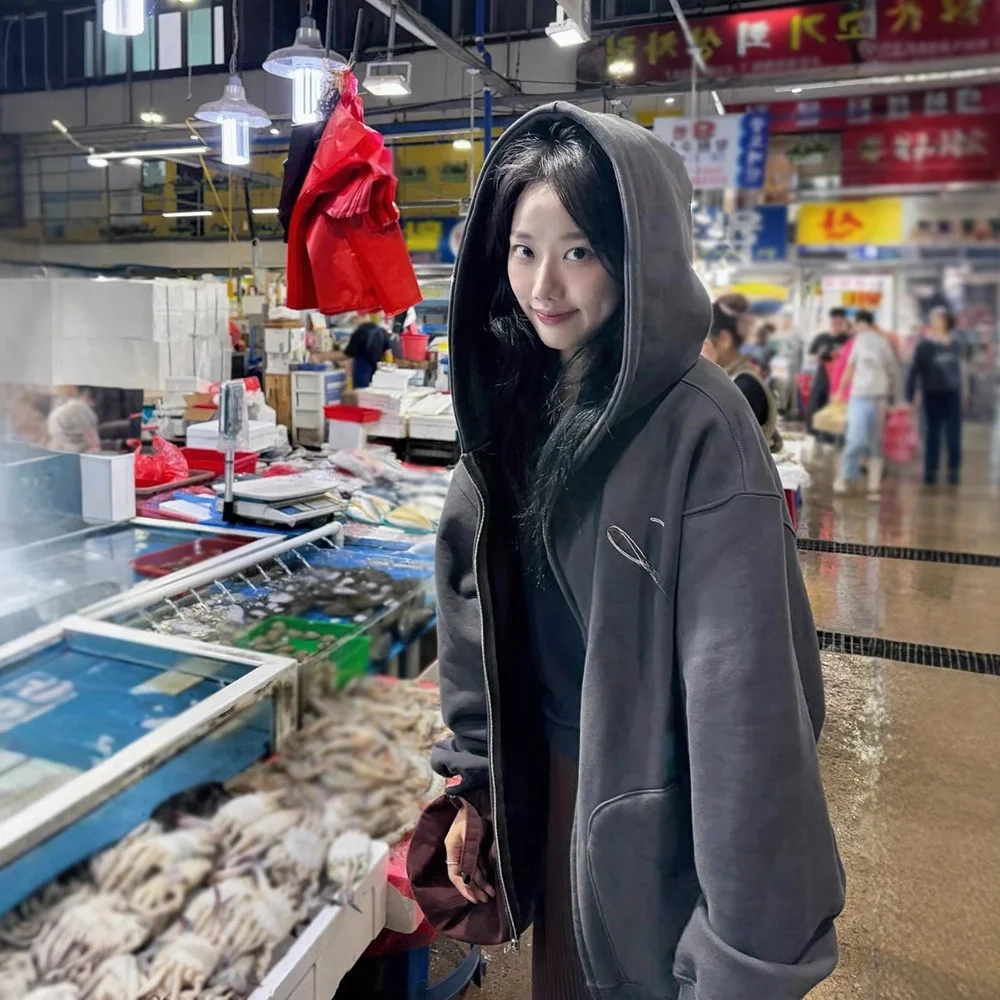 

Loose Fce Lined Hoodie Jaet with Embroidered Letters by Li Na En Smoothmood Dongdaemun Sle Warm Outerwear Sweatirt