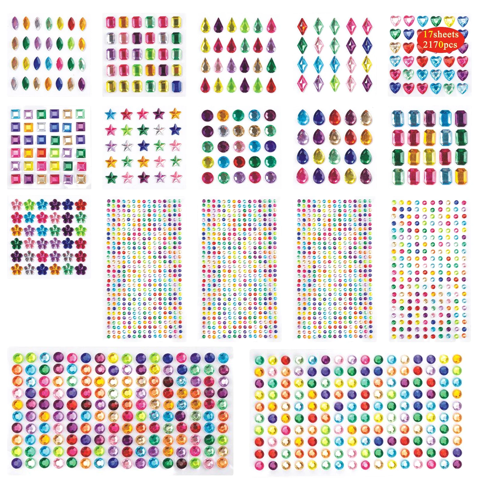 17 hojas de formas surtidas para manualidades, gemas, regalos autoadhesivos, pegatina de diamantes de imitación multicolor, fabricación de tarjetas, decoración brillante DIY