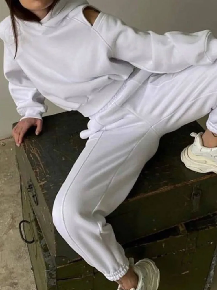 

Women's Fashion Sports Sets Outfits Casual Sexy Hoodid Off Shoulder Top+High Waist Long Pants 2 Pieces Set For Woman Autumn New