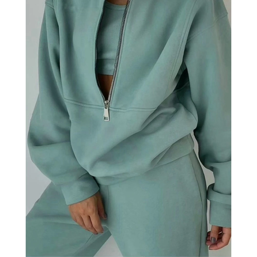 Women Autumn Sporty Fleece Two Pieces Suit Set Stand Collar Zipper Fly Long Sleeve Top & Pants Set Fashion Casual Sports Wear