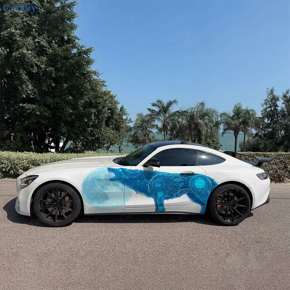 2pcs Mecha Battle Wolf Moonlight Car Side Wraps, Self-Adhesive PVC Waterproof & Scratch-Resistant Stickers, Car Accessory Gift