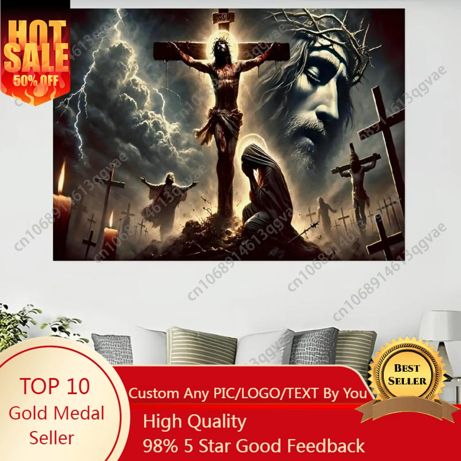 

Jesus Crucifix Tapestry Fabric Vibrant Colors Dramatic Religious Scenes Machine Washable for Decoration Suita Custom Decoration