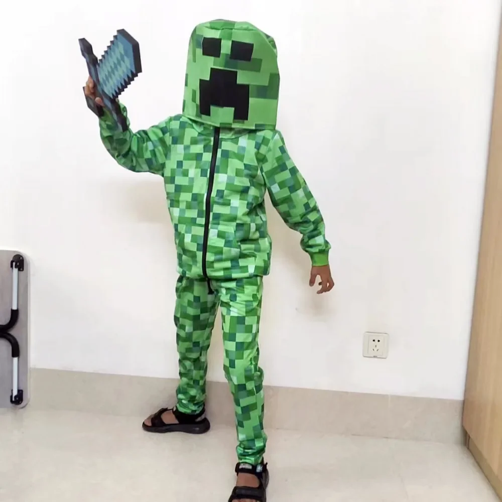 Kids boys Halloween Creepersw Anime Green Cos Costume Funny Jumpsuits Hoodie Sweatshirt Birthday Party Jacket Anime Outweart+LED