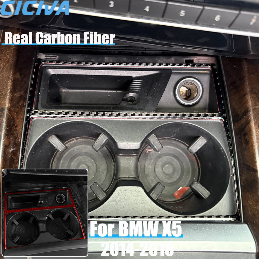 Real Carbon Fiber Car Accessories Cup Holder Frame Decorative Trim Cover Soft Sticker For BMW X5 F15 2014 2015 2016 2017 2018