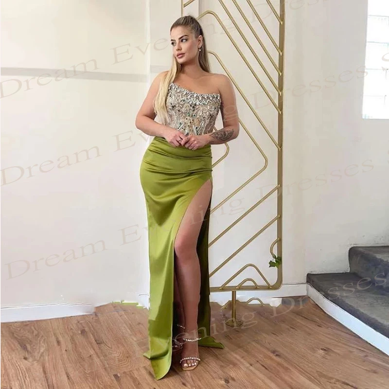 2024 Arabic Green Women's Mermaid Generous Evening Dresses Sexy Strapless Sleeveless Prom Gowns Side Split Beaded Robe De Soiree