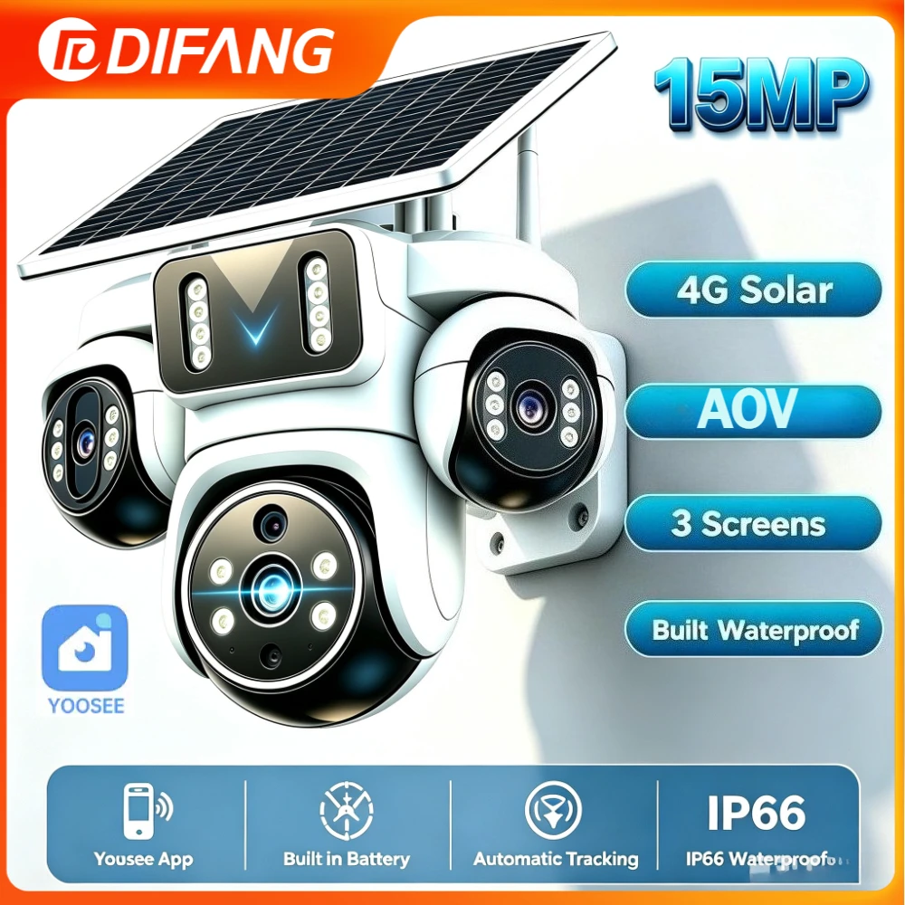 15MP Solar Camera Outdoor 4G Three Screen Auto Tracking AOV Solar Security Cameras Yoosee