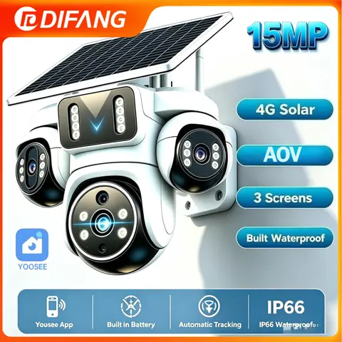 15MP Solar Camera Outdoor 4G Three Screen Auto Tracking AOV Solar Security Cameras Yoosee